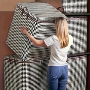 4pcs Houndstooth Clothes Storage Bag Large Capacity Foldable Wardrobe Organizer With Handle Zipper Dustproof Storage Box For Quilt Blanket Bedding