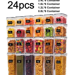 24pcs Airtight Food Storage Containers with Labels for Flour Grains, Coffee Beans and Kitchen Spices Keep Food Fresh Organized