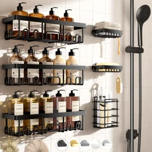 6 Pack Shower Caddy Organizer Rack Shelf for Inside Shower, Adhesive Bathroom Wall Storage Basket Rustproof Stainless Steel Shampoo Holder, Bathroom Accessory Decor Set