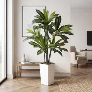 5FT Artificial Dracaena Tree Indoor with White Tall Planter, Lifelike Fake Floor Plant in Pot, Large Faux Yucca Tree for Home Office, Living Room Decor & Housewarming Gift