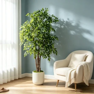 5.5FT Artificial Ficus Tree with White Planter, Realistic Faux Silk Indoor Outdoor Plant for Home Office Living Room, Porch, Garden Decor
