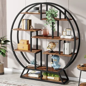 Wood Round Bookshelves, 63-Inch with Staggered Shelves